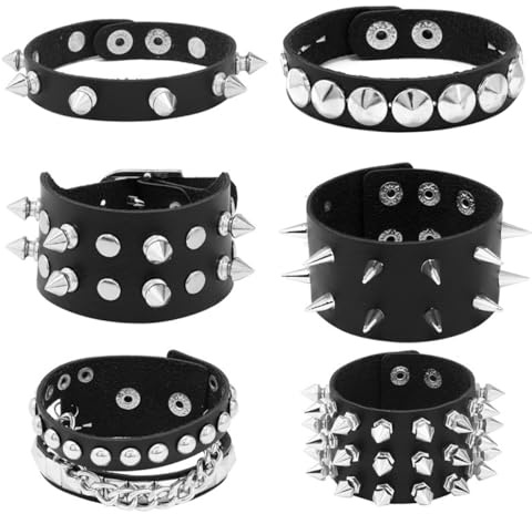 Laroal Pulsera de Remaches Punk, Pulsera de Cuero con Pinchos, Pulsera Estilo Rock Punk, Pulsera combinada de 6 Piezas, Accesorios Personalizados
