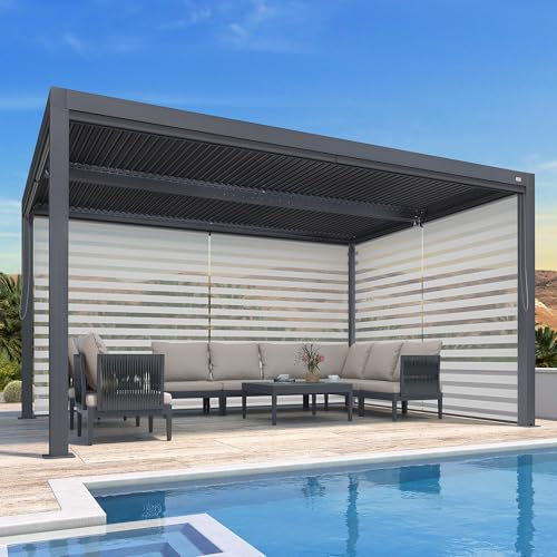 PURPLE LEAF Pavillon 3 x 4.25 m mit Sonnenrollo Alu Pergola mit Lamellendach Wasserdicht Stabil Winterfest Lamellenpergola für Gartren, 1 Lange Seite und 1 Kurze Seite, Grau