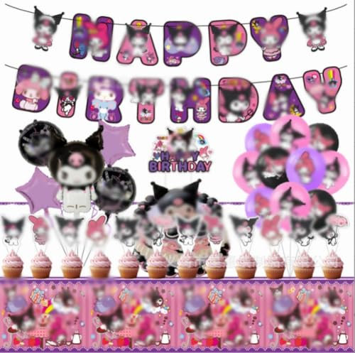 32 Pcs Kuromi Cumpleaños Globos Set,Kuromi Cumpleaños Decoración de Fiesta de Cumpleaños con Pancarta de Feliz Cumpleaños,Mante,Globos,Adorno para Pastel Grand,Decoración de Pastel Pequeño