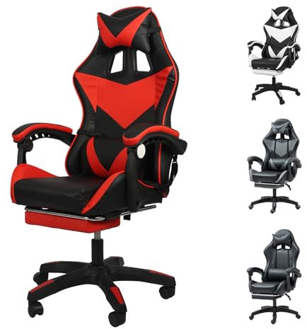 Yesuitme Gaming Chair with Footrest, Gaming Chair for Adults Computer Chair with Lumbar Cushion, Headrest, Height-Adjustable Office Chair with Footrest, Black+Red