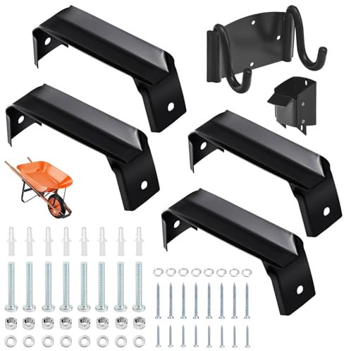 KitchenKipper 4 Pack Black Steel Wheelbarrow Axle Bracket & Wheelbarrow Storage Bracket for Wheelbarrow Cart Barrow and Heavy Duty Wheelbarrow Replacement Parts, for Garden Lawn Work
