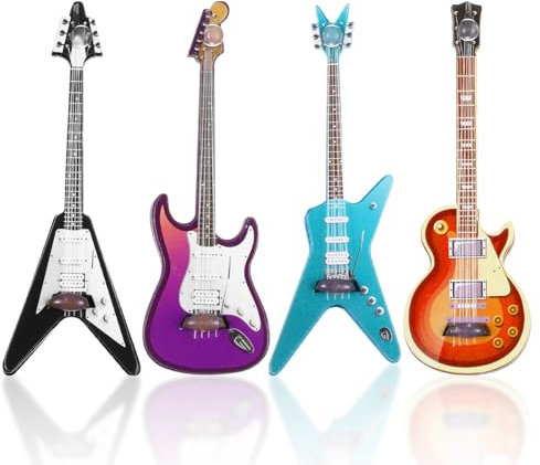 Set di 4 mini chitarra elettrica e basso, decorazione in miniatura in scala 1:12, per casa delle bambole, mini sala musicale, decorazione per la casa (viola, blu, marrone, nero)