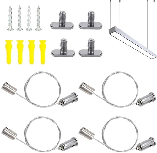 vcsjw 4 Stück Seilaufhängung Einbauset,1.5mmx1m,Einstellbare Seilabhängung Lampenaufhängung Einbauset,Edelstahl Decke Ohrstecker Drahtseil,Universal Abhängeset,für LED Panel Deckenleuchte