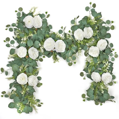 MEIVINES 2 Stück Blumengirlande Künstlich Eukalyptus Girlande 190cm Weiß Kunstblumen Girlande Deko Hängend Pfingstrosen Girlandes für Hochzeit Party Wand Tischdeko Garten Weihnachtsdekor Frühlingsdeko