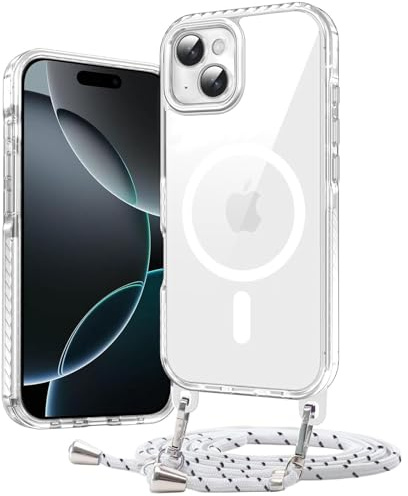Galful Handykette Handyhülle für iPhone 12/12 Pro Magnetische Hülle mit Band Kompatibel mit Magsafe Transparente Case Abnehmbar Kordel zum Umhängen PC Zurück Schutzhülle Hart Clear Case Cover-Weiß