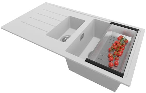 PRIMAGRAN Evier Cuisine en Granit Gris 90x50cm, Lavabo 1,5 bacs + Kit de Vidage, Évier à Encastrer au meuble 60cm - Copenhague Duo