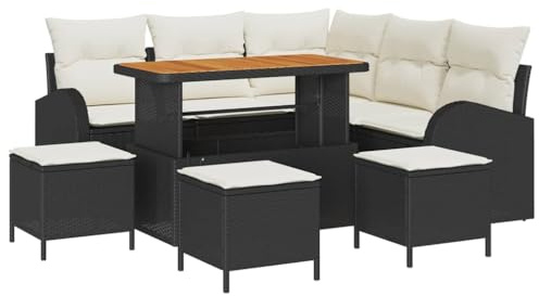 vidaXL Garten-Sofa-Set mit Kissen 9 pcs Schwarz Poly Rattan, Garten- und Terrassen-Sitzset, modular, robust, 8-Sitzer Sofagarnitur, verstellbare Füße, Kunststoff-Rattan