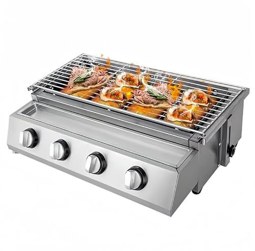 Barbecue a gas portatile, 4 bruciatori in acciaio inox, superficie di cottura 54 x 23 cm, 5 kW, altezza regolabile, barbecue a gas propano per la cucina all'aperto e il campeggio