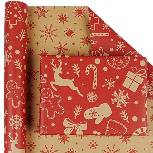 Doppelseitiges Geschenkpapier Weihnachten Rolle, Rot Braun recycelbares weihnachtsgeschenkpapier für Kinder und Erwachsene, Rot Kraftpapier Geschenkpapier für Weihnachten, Neujahr, 43cm x 10m