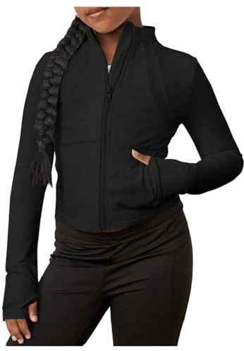SweatyRocks Girl's Zip Up Workout Track Jacket Long Sleeve Athletic Yogo Gym Shirt with Thumb Holes Black 9Y