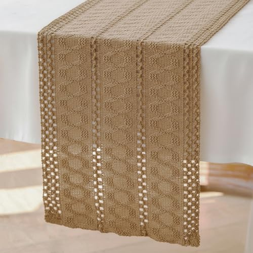 Brylleii Häkel Tischläufer Natur Braun Boho Makramee Deko Tisch Läufer Modern 30 x 80 cm Baumwolle Leinen Landhausstil Tischdecke Klein Abwaschbar Table Runner Schmal für Küche Hochzeit