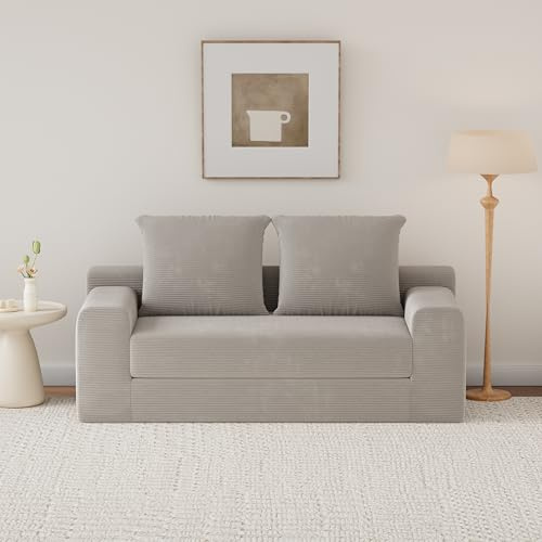 VDNEND 2-Sitzer-Schlafsofa, Boneless Couch, Umwandelbare Couch zu Bett, Montagefreies Cord Sofa Modern mit Schlaffunktion für Kleine Wohnungen, Arbeitszimmer, Wohnzimmer, Büro, Grau, 180 cm Breit