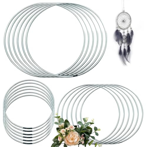 18Pcs Metal Rings Craft Kit, Large Frames, Wreath Making DIY Floral Macrame | Multi Size Silver Wire Hoops, Crochet Dream Catchers Wall Hanging Decor, 4 6 8