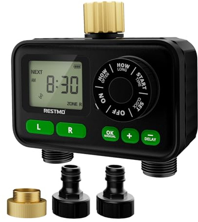 RESTMO Timer per Irrigazione a 2 Zona con Chip RF | Integrato per Accesso Remoto Opzionale, Automatico/Manuale/Ritardo Pioggia, Per Tubo da Giardino, Rubinetto Esterno