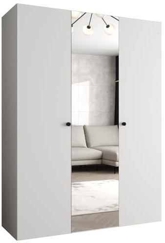 MEBLE KRYSPOL - Kleiderschrank - Garderobenschrank - 150 cm x 202 x 52 cm - Schrank mit Kleiderstange und Spiegel, 3 Türen - für Schlafzimmer, Flur - Parma, Weiß, Griff Schwarz