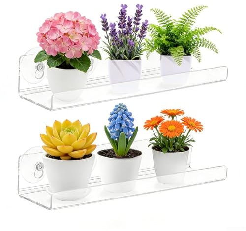 Plant Shelf, 2-Pack 12 Inch Acrylic with Suction Cups, Space-Saving Organiser for Micro-Green Herbs Succulents Windowsill Extender