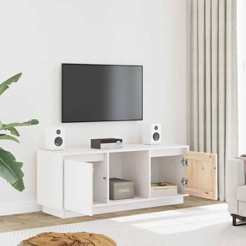 HOMELEN Mueble de TV blanco 110,5 x 35 x 44 cm madera maciza de pino, armario para TV, estilo escandinavo, mueble de TV, muebles de salón, mesa de televisión, armario para sala de estar, dormitorio