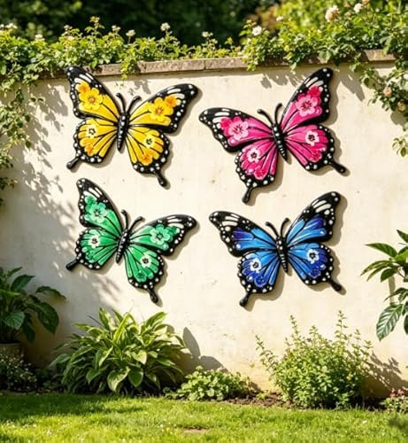YiYa 4 Stücke Metall Schmetterling Garten Dekorationen Outdoor Wandkunst Metall Schmetterling Wand Deko für Garten Hof Zäune Wohnzimmer Schlafzimmer