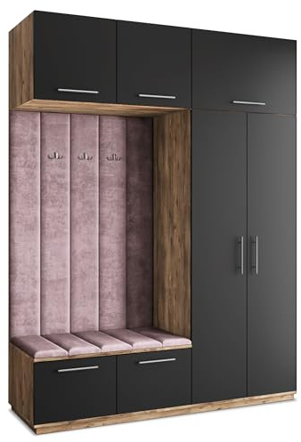 Masseno Flugarderoben Set Rema, Kleiderschrank-Set mit Sitzbank, Garderobenschrank Flur mit 5 Regalböden, Eiche Lefkas/Schwarz