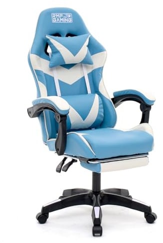RMF Sedia Gaming Professionale Ergonomica Reclinabile, Poltrona Gaming Seduta Comoda e Rilassante con Poggiapiedi - Sedia per Gamer con Ruote Girevoli, Altezza Regolabile (Azzurra)