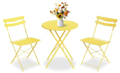 Bistroset 3-Teilig Mit Bistrotisch&2 Klappbaren Stühlen, Gartenmöbel Set | Outdoor Bistro Set, Gartentisch/Balkonset Aus Klapptisch&2x Klappstühlen, Gartenset/Sitzgruppe Metall Für Balkon, Garten-Gelb