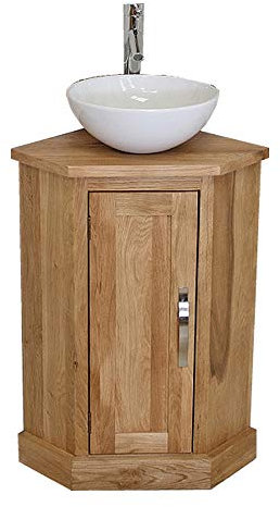 Wooden Bathroom Corner Vanity with Sink - Natural Oak Bathroom Sink Cabinet Single-Door Vanity Unit with Chromed Mixer Tap - Curve Sided Bowl with Cream