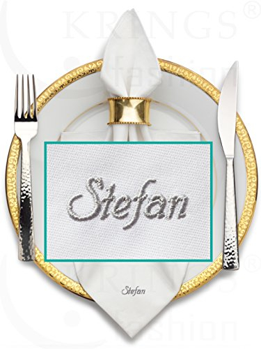 Stoffserviette mit Name hochwertig Bestickt; Serviettenfarbe weiß, Größe 50 x 50 cm; Mitteilung Name-Wunschbegriff, jetzt anpassen.