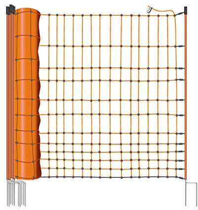 Eider Geflügelnetz Elektronetz, Hühnerzaun 112cm, Doppelspitze - 50m - Geringe Maschenweite im unteren Bereich - 15 Kunststoffpfähle