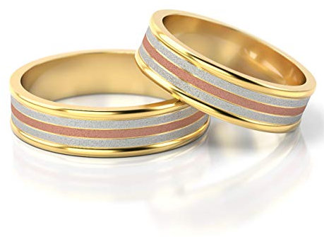 JC Gold Trauringe - Gelbgold Weißgold Rotgold Eheringe Tricolor inklusive Stein und Gravur im Paarpreis PL143 (18 Karat (750) Bicolor)