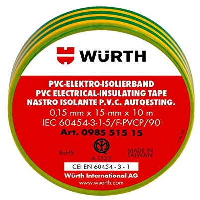 10 cintas aislantes amarillo verde 15 mm x 10 m x 0,15 mm Wurth 098551515 PVC autoextinguible IEC RoHS adhesivo eléctrico electricista 15 x 10 mm/m