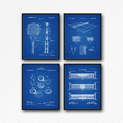 Set of Tennis Posters Tennis Wall Art Tennis Decor Tennis Ball Tennis Print Tennis Racket Tennis Court Art Wimbledon Art WB104 (13cm x 18cm, Blueprint)