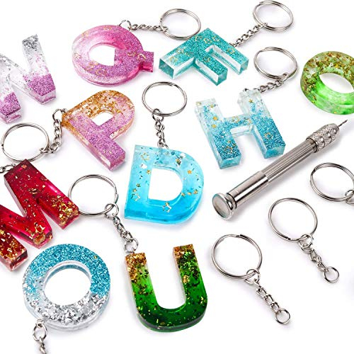 Mocoosy 134Pcs Silikon Alphabet Harzformen Kit-Letter & Number Epoxy Gussform Set mit 1 Handbohrer 2 Bohrer 30 Schlüsselringe 100 Schraubstifte für die Herstellung von DIY-Schlüsselbund-Kunsthandwerk