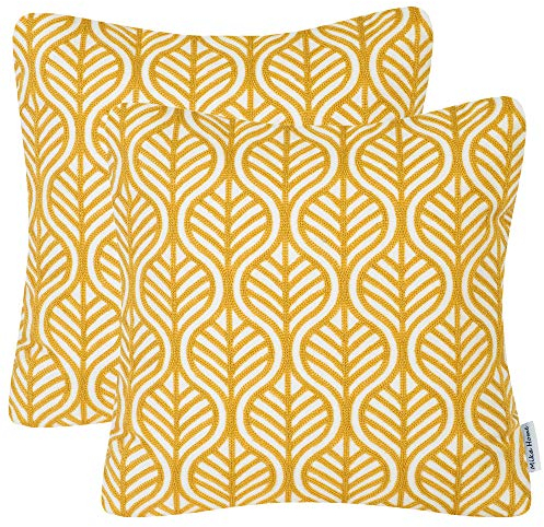 Mika Home 2 Stück Stickerei Wellen Blatt Muster Dekorative Throw Kissenbezüge Kissenbezüge 45,7 x 45,7 cm für Sofa Couch Bett Baumwolle Stoff Gold Weiß