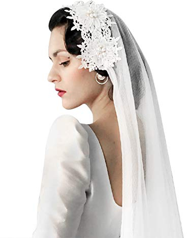 Schleier Braut Hochzeit Brautschleier mit Spitze Schleier Kathedrale Veil Softtüll Perlen Deko 2 Schicht Kurzer Schleier 60-80 cm lang Hochzeitsschleier Retro Kopfschmuck Brautschleier mit Clip