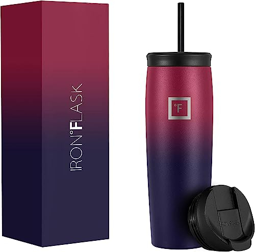 IRON °FLASK Nomad Tumbler - 710 ml, 2 Deckel (Strohhalm/Flip), vakuumisolierte Edelstahlflasche, doppelwandig, Thermo-Kaffee-Reisebecher, Wasserflasche aus Metall