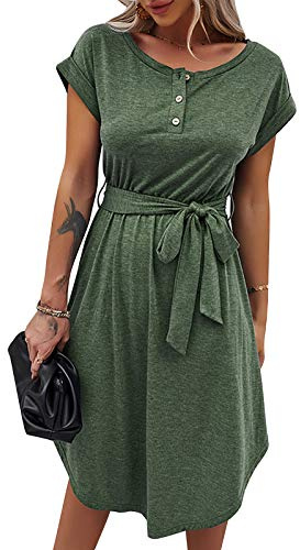 Bequemer Laden Sommer Damen Kleid Knopfleiste Kurzarm Locker Sommerkleid | Elegant Sommerkleider Kleider Einfarbig Strandkleid Freizeitkleid Midikleid Businesskleid mit Taille Krawatte