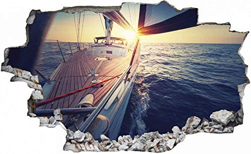 3D Wandtattoo Mauerloch Wandsticker Wandaufkleber Durchbruch selbstklebend Schlafzimmer Wohnzimmer Kinderzimmer,Segelboot Meer Boot,Größe: 50x75cm