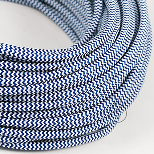 Amarcords - Textilkabel für Lampen WEISS-BLAUES ZICKZACK, rund, Seide, 1 Meter, mit Erdung 3x0,75 - Stoffkabel mit farbigem vintage Stoff überzogen für Kronleuchter, Wandlampen und Lampenschirme