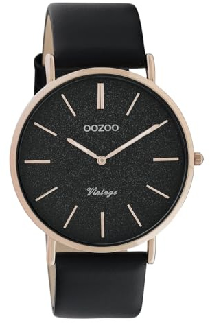 Oozoo Damen Vintage Armbanduhr mit Glitzer Lederband 40 MM Rose/Schwarz/Schwarz C20169