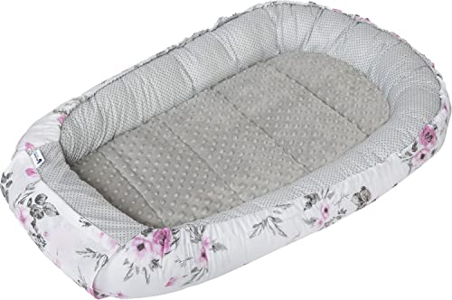Medi Partners Babynest Nestchen für Neugeborene - 100x60x15 Babynestchen Baby Nest 100% Baumwolle Minky Kuschelnest tragbar (Traumfänger und Blument mit grauen Minky)
