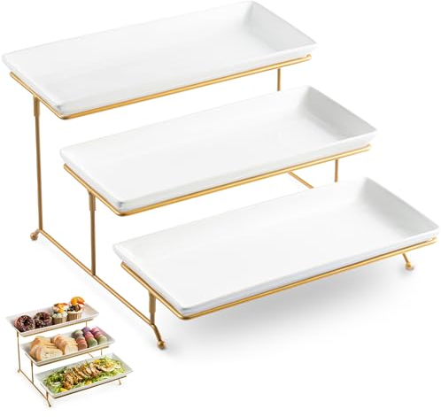 3 Tier Serving Stand and Platters Set Large Tiered Serving Platters with Collapsible Sturdier Rack Tiered Serving Tray for Appetizer Fruit, Dessert and Cupcake, White