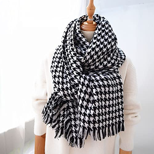 Wollschal Frauen Luxus Klassische Schwarz Weiß Hahnentrittmuster Lange Schal Cape Weiche Chic Mode Lässig Warme Pashmina Schals Für Dame