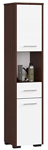 AKORD Badezimmer-Hochschrank schränke | Badezimmer kommode |2D1SZ1WN, B30 x H140 x T30 cm, Gewicht 25 kg | 2 Ablagen mit Türen (je Oben und unten) | 1 Schublade, 1 offenes Fach | als Hängeschrank