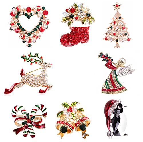 GLAITC Weihnachten Brosche Pin Set 8 Stück Weihnachts Strass Broschen Weihnachtsbrosche Weihnachtsstrumpf Rentier Engel Weihnachtsbaum Christmas Pins für Weihnachtsschmuck Geschenk für Frauen