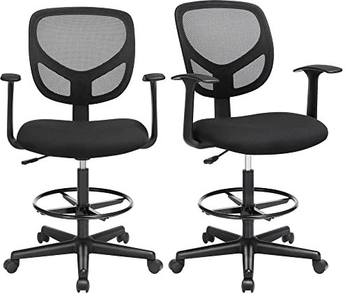 SONGMICS Drafting Stools Chairs with Armrest, Set of 2 Mesh Office Chairs, Ergonomic Painting Chairs with Height Adjustable Footrest, 360° Swivel Task Stool, for Standing Desk, Black OBN25BKUK-2