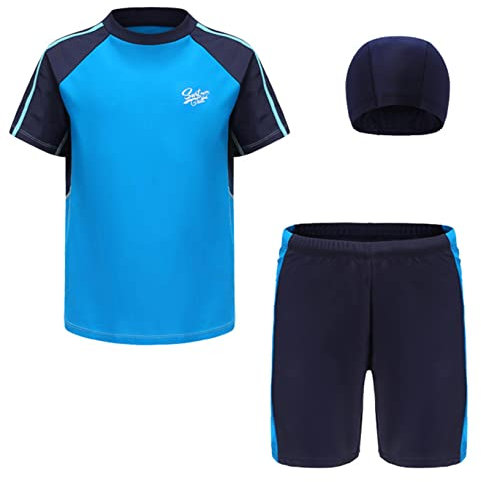 Oyolan Jungen Bademode Kinder Sommer Badeanzug Cartoon Schwimmbekleidung Badebekleidung Badeset Kurz Tops Badehose mit Sonnenhut Blau 116-122
