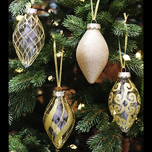 12er-Pack Weihnachtskugeln mit Tropfenform und hängenden Anhängern für Weihnachtsbaum, Weihnachtsdekoration, Lange 4-Zoll-große bruchsichere Kunststoffornamente, Gold