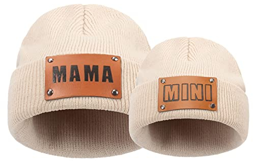 2 STÜCKE Eltern-Kind-Mütze Mama und Mini Leder Patch Strickmütze Winter Warm Cuffed Skimütze, Beige, Small