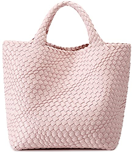 Queenoris Gewebte Tasche für Damen, veganes Leder, Tragetasche, Sommer, Strand, Reisen, Handtasche und Geldbörse, Retro-Stil, handgefertigte Umhängetasche, groß, Helles Pink, Large