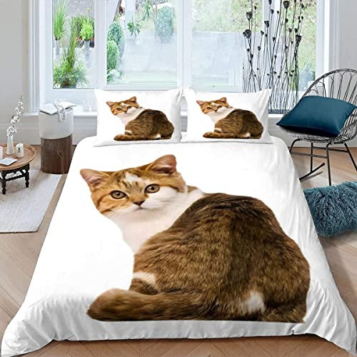 Bettwäsche 135×200 3D-Digitaldruck 2teilig Braune Katze Bettwäsche-Sets Kinder Mikrofaser mit Reißverschluss Katzen-Motive Soft Jungen Mädchen Bettwaren Bettbezug mit Kissenbezug 80x80 cm